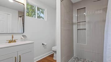 Shower, hair dryer, shampoo