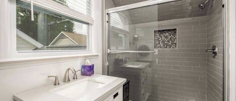 Shower, hair dryer, shampoo