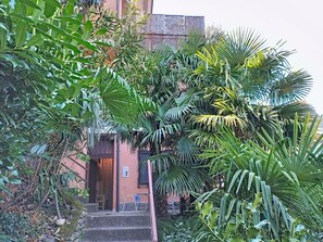 Ein Gebäude mit einer Treppe, die zu einer Holztür führt, umgeben von dichtem Grün.