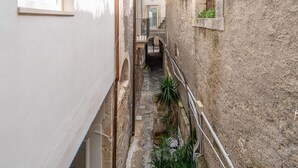 Un vialetto stretto con pareti in pietra, una ringhiera metallica e vasi di piante.