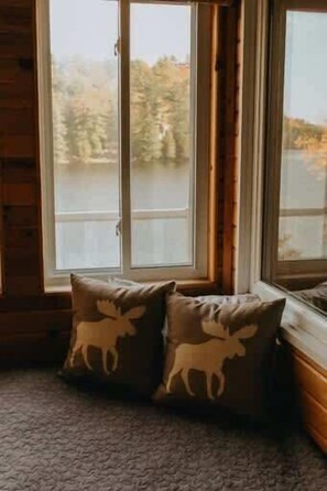 A room with wooden walls, a window with a view of trees and a body of water, and two pillows with moose designs.