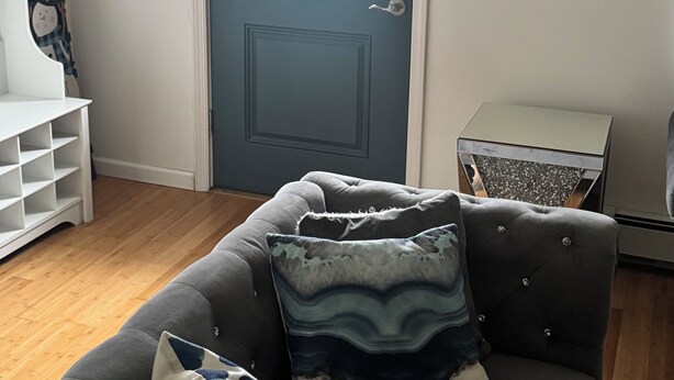 Una sala de estar con una puerta azul, un estante blanco, un sofá gris con cojines estampados y una mesita con un objeto decorativo.