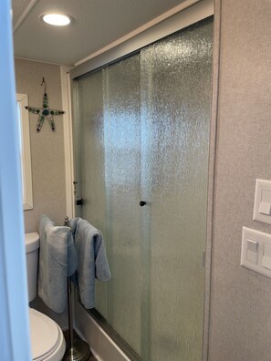 Shower, toilet paper - Sandbridge Beach, Coastal Chic Back Bay Waterfront Tiny Home! (Virginia Beach)