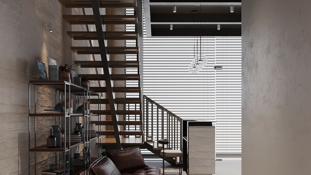 A modern interior with a leather sofa, metal shelving, a staircase, and a large window. - PREMIUM DOO Hostel (Tashkent)