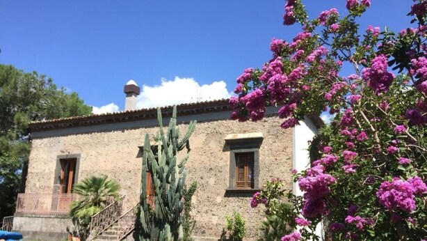 Een rustiek stenen gebouw met een balkon, een cactus en bougainvillea bloemen.