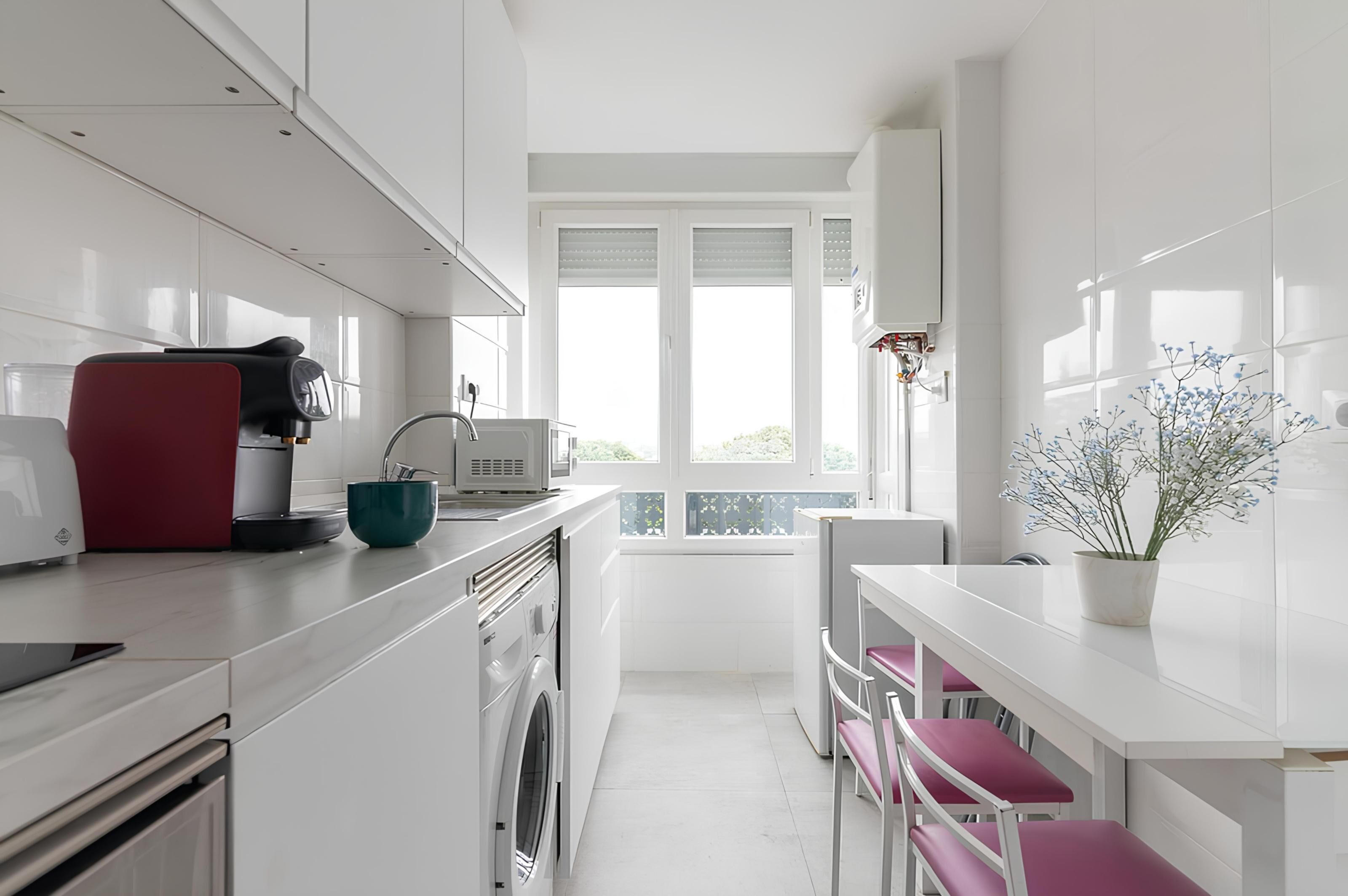 Microwave, oven, dishwasher, dining tables