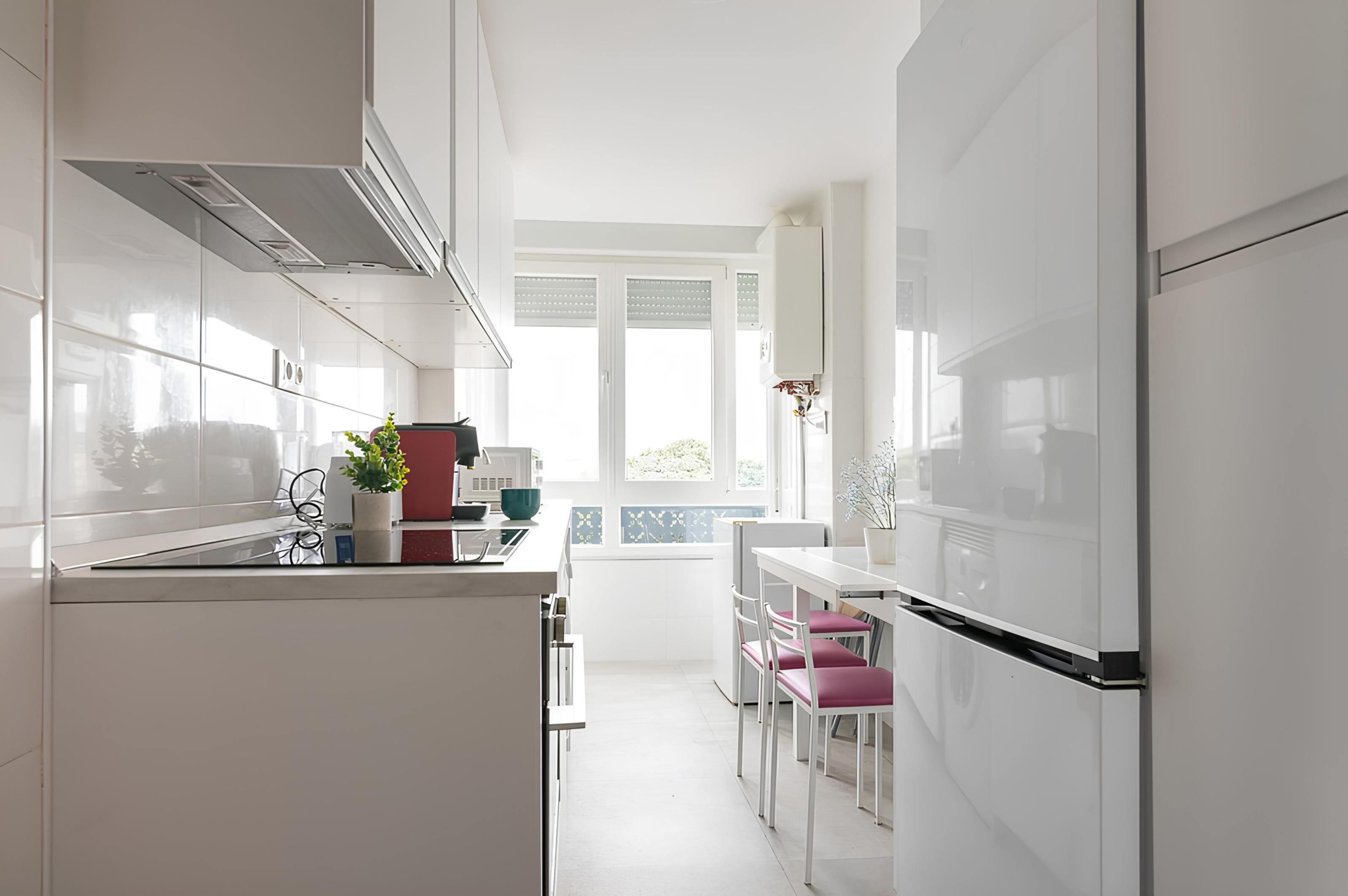 Microwave, oven, dishwasher, dining tables