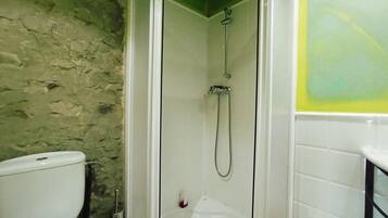 Bagno con doccia, WC e parete verde.
