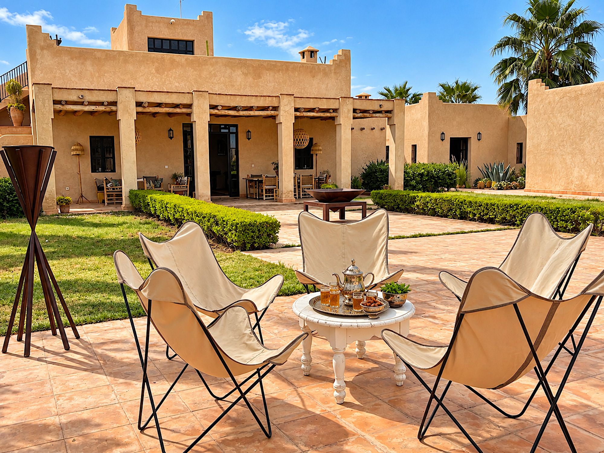 An outdoor patio with a table set for four, surrounded by lounge chairs, in front of a building with a covered entrance and a garden.