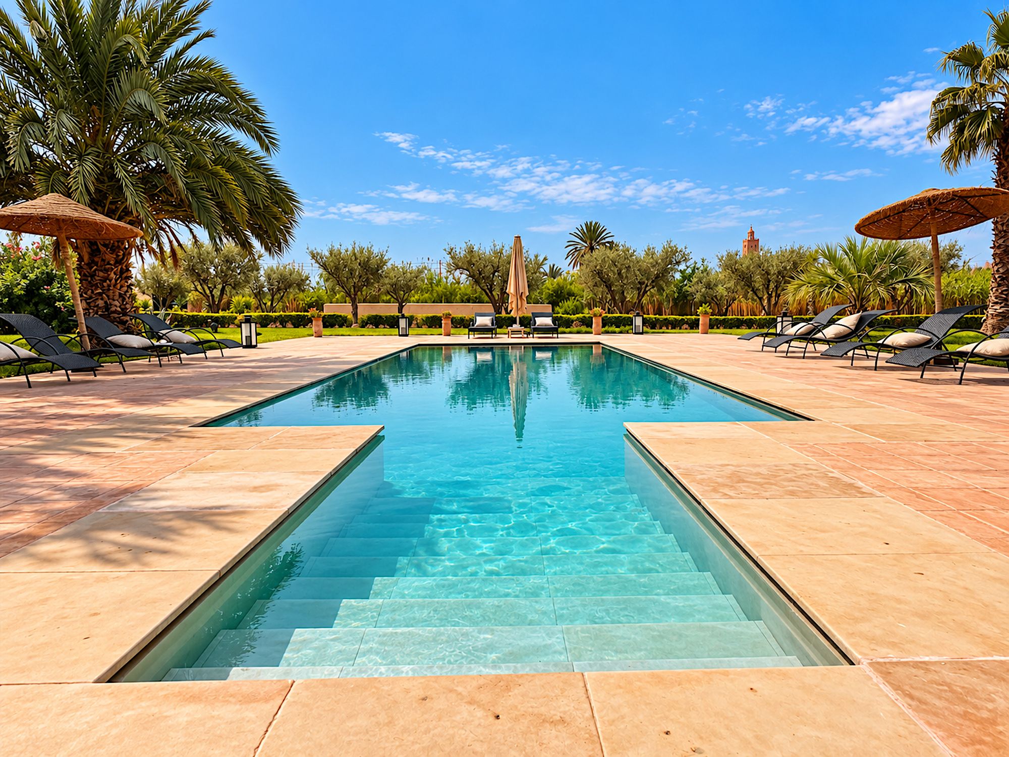 Une piscine rectangulaire à l’eau d’un bleu limpide, entourée de chaises longues et de parasols, avec des palmiers et un ciel dégagé en arrière-plan.