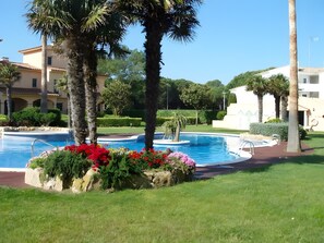 A swimming pool surrounded by lush greenery and palm trees, with a clear blue sky. - Apartment with Sea Views. Shared Garden and Pool. (Pals)