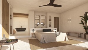 Une chambre à coucher moderne avec un grand lit, une baignoire et un ventilateur de plafond.