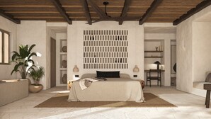 Une chambre à coucher avec un lit, une plante en pot, un plafond en bois et un mur avec des étagères.