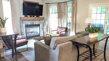 TV, fireplace, books
