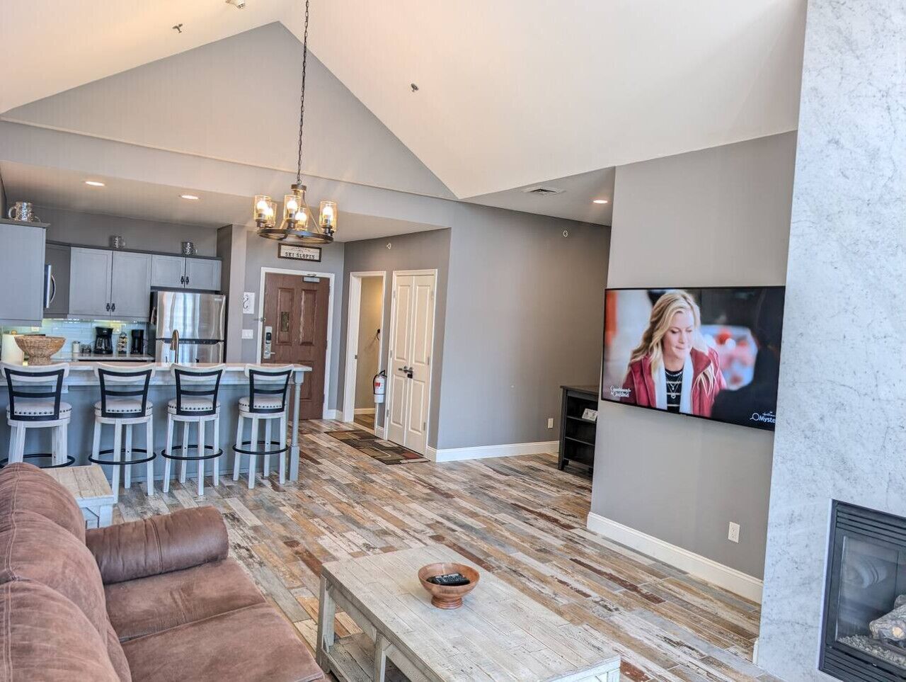 TV, fireplace, video games, foosball