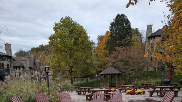 Un'area patio con poltrone Adirondack, un gazebo e un focolare in pietra circondato da foglie autunnali.