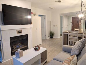 TV, fireplace, video games, table football