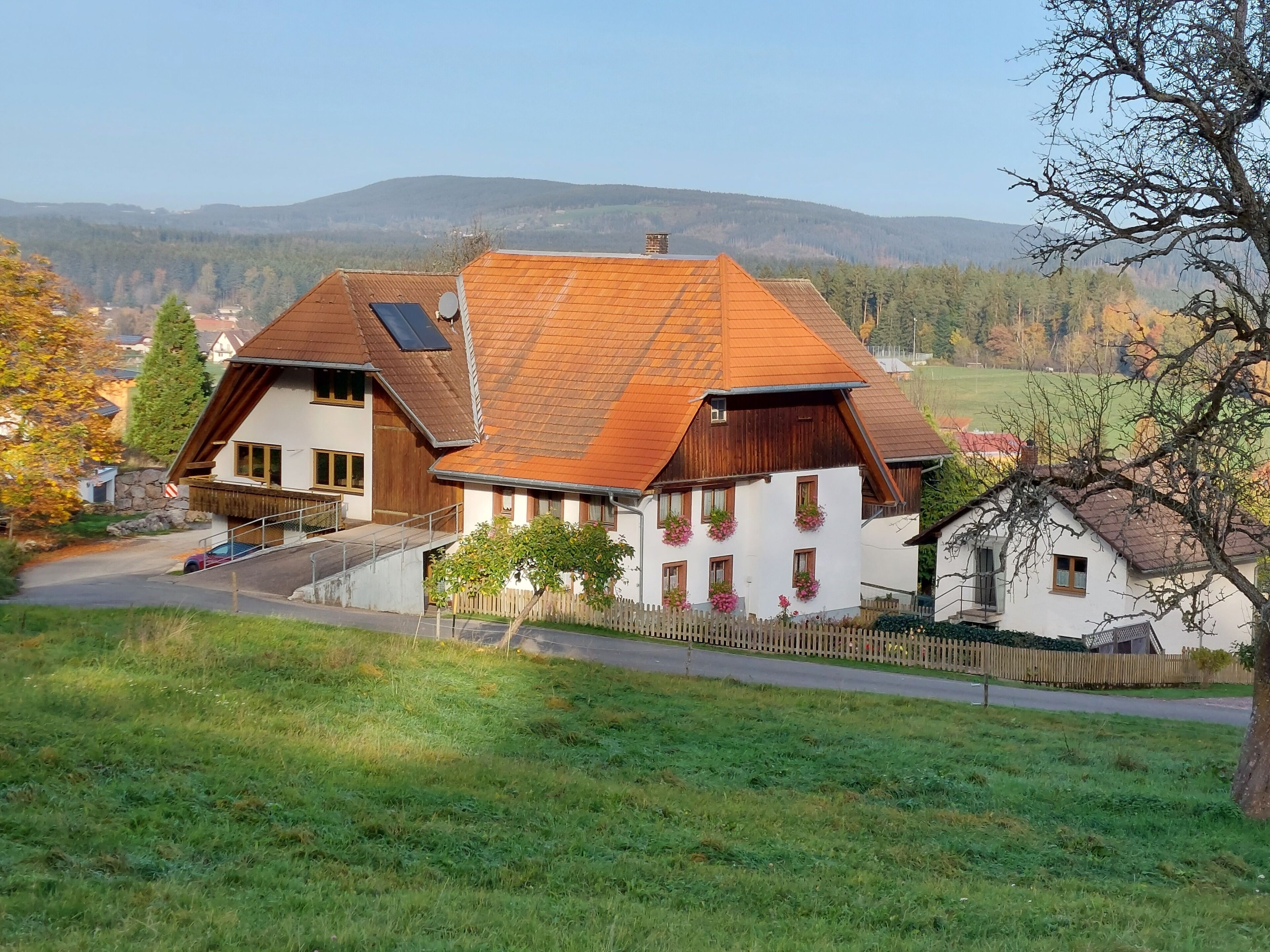 A two-story house with a sloped roof, a satellite dish, and a wooden fence.
