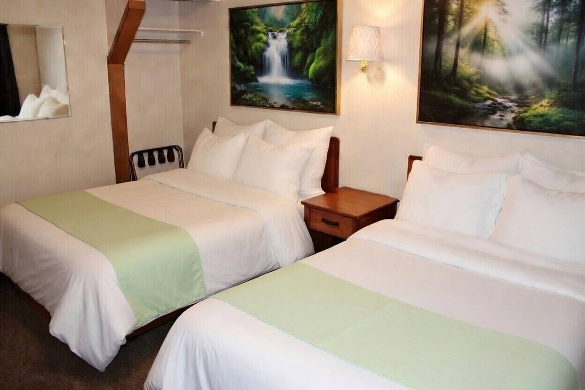 Habitación de hotel con dos camas, una mesita de noche de madera, un espejo y un cuadro de una cascada en un bosque.