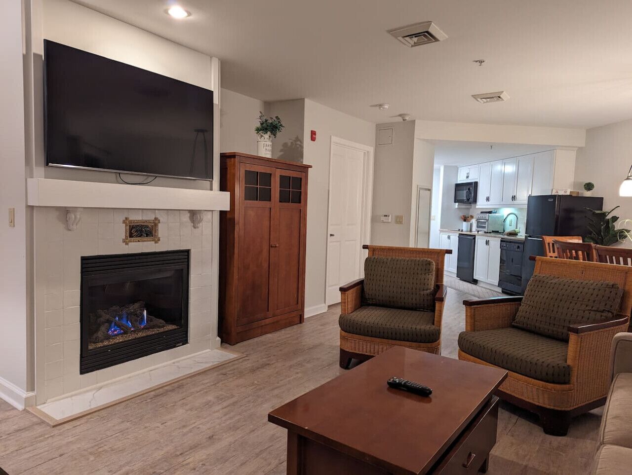 TV, fireplace, video games, foosball