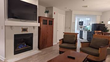 TV, fireplace, video games, foosball
