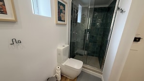 Ett modernt badrum med en duschkabin i glas, en toalett, en papperskorg och en inramad tavla på väggen.