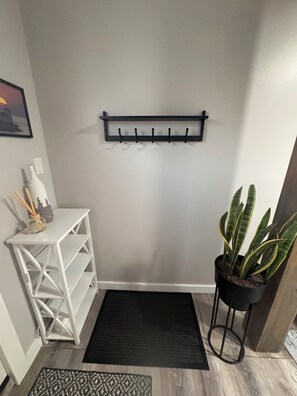 A hallway with a black wall-mounted coat rack, a white shelving unit, a potted plant, and a black rug.