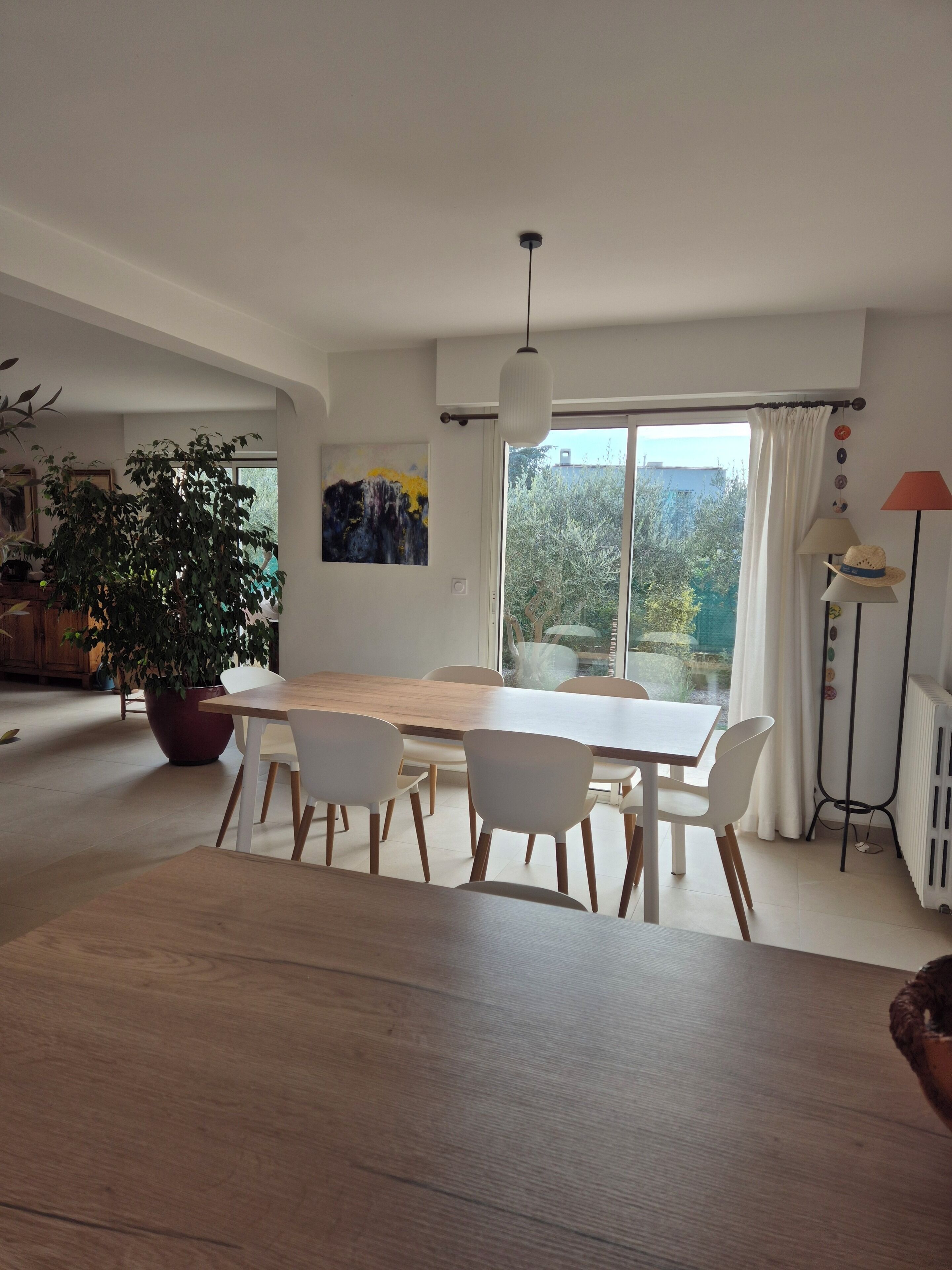 A modern dining area with a wooden table, white chairs, a large potted plant, and a view through a large window.