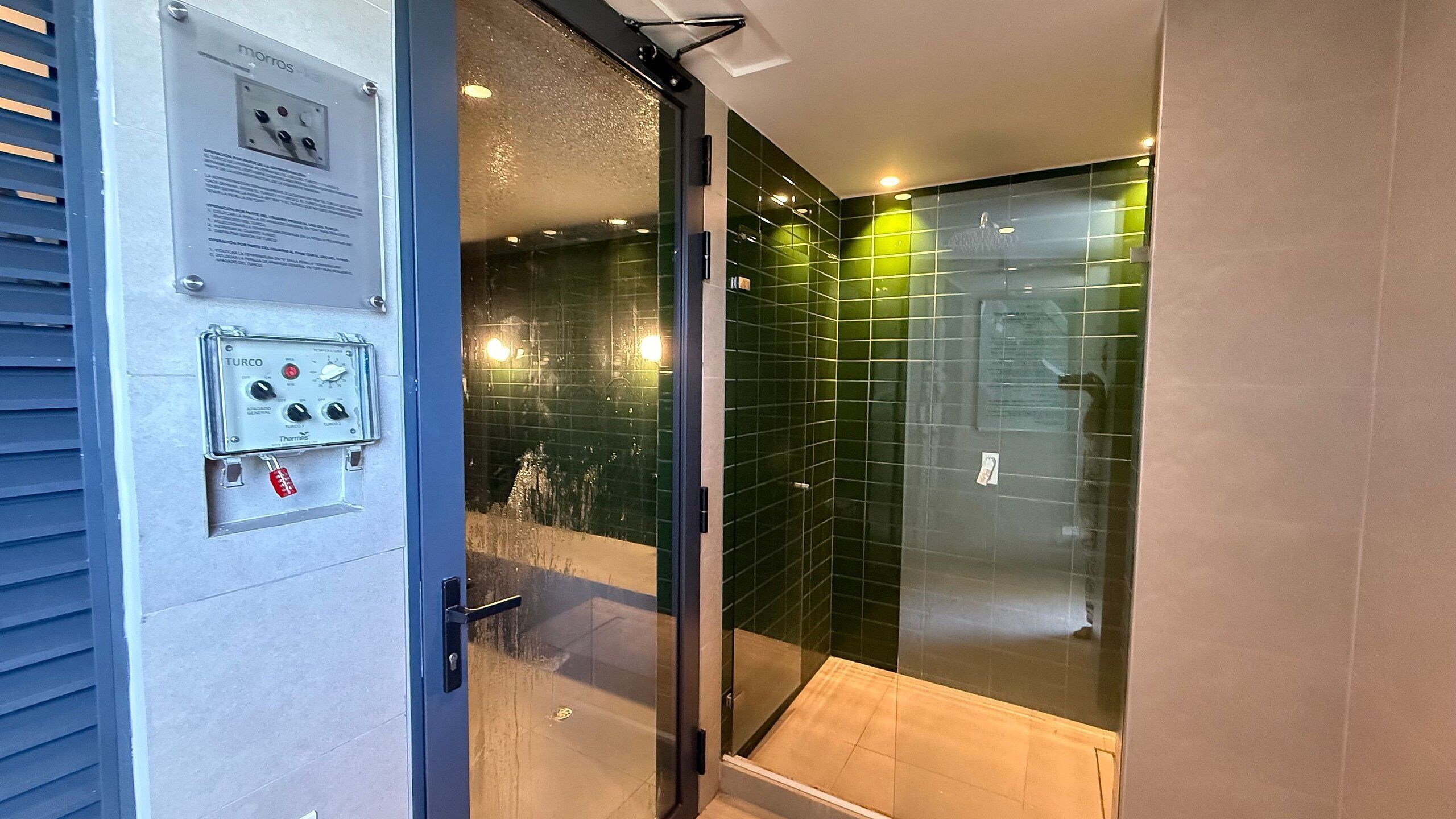 Une salle de bain moderne dotée d’une douche à parois de verre, d’un tableau électrique apparent et d’une porte avec une poignée.