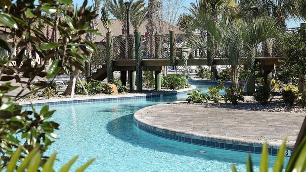 Una piscina a forma curva, circondata da palme e un ponte di legno.