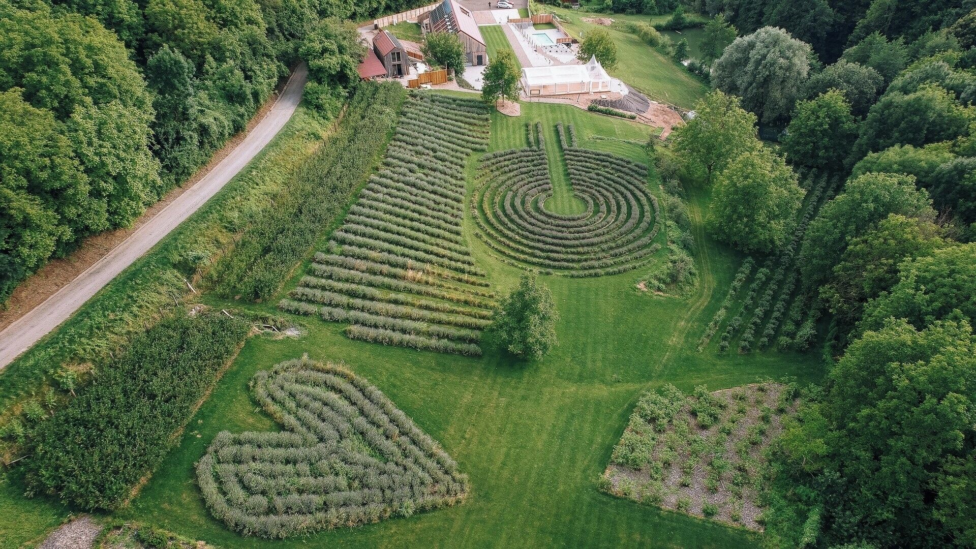 Vista aerea di un giardino curato con motivi geometrici, una strada e edifici sullo sfondo.