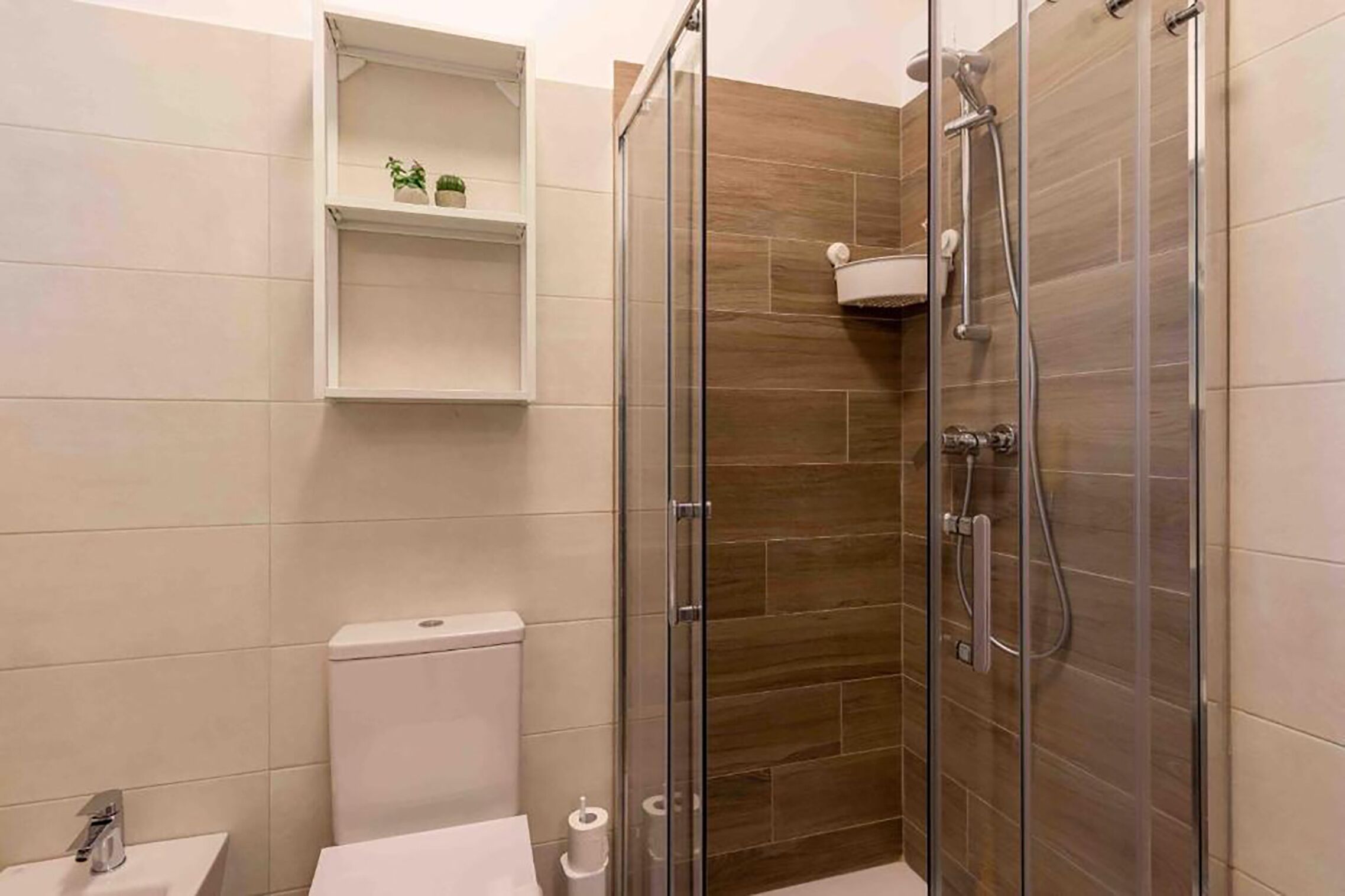 A bathroom with a glass-enclosed shower, a toilet, a sink, and a shelf with small plants.