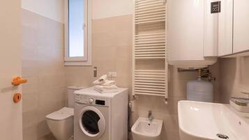 Shower, hair dryer, bidet, towels