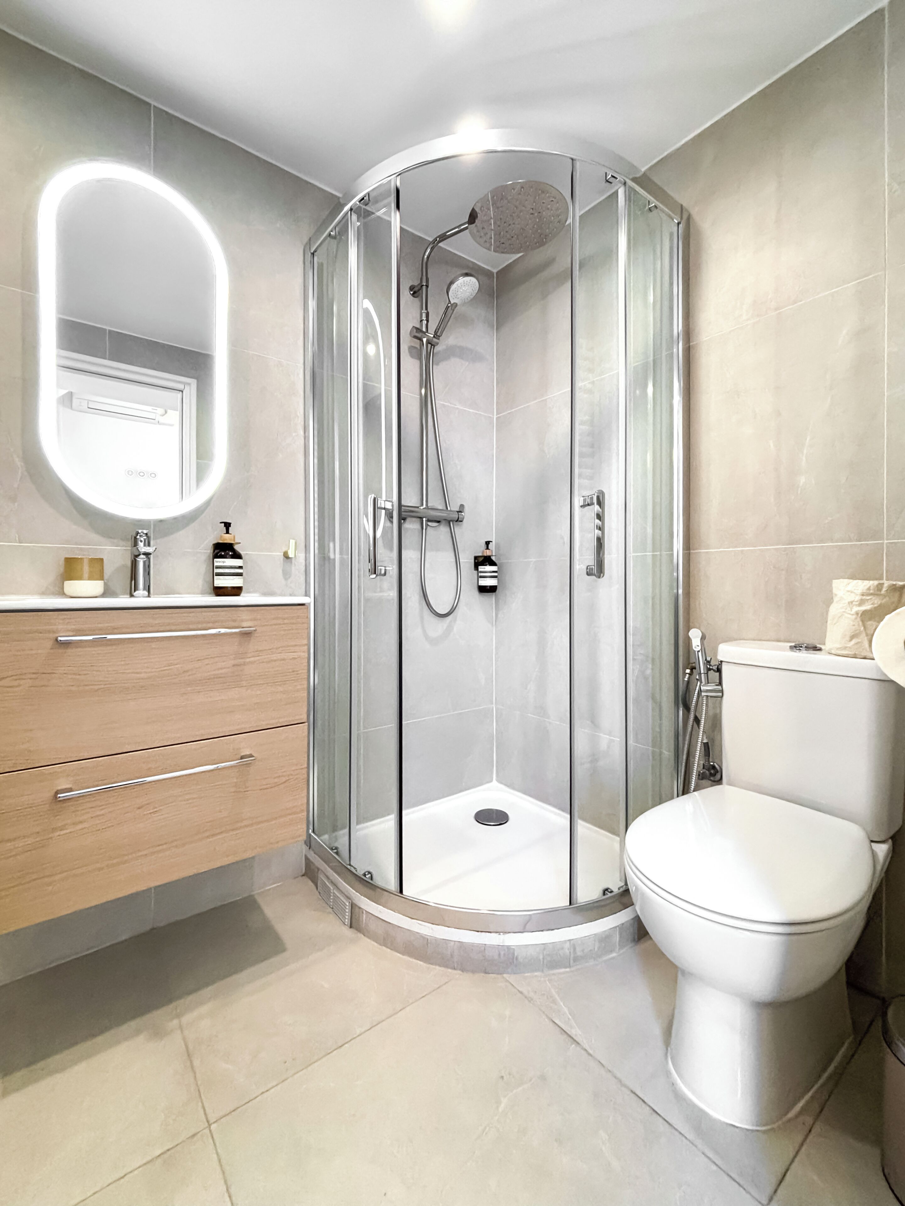 Hair dryer, towels, soap, toilet paper