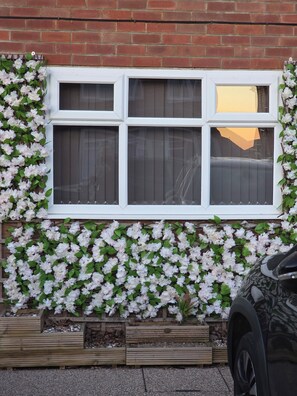 A window with six panes, surrounded by a wall of white flowers and green leaves.