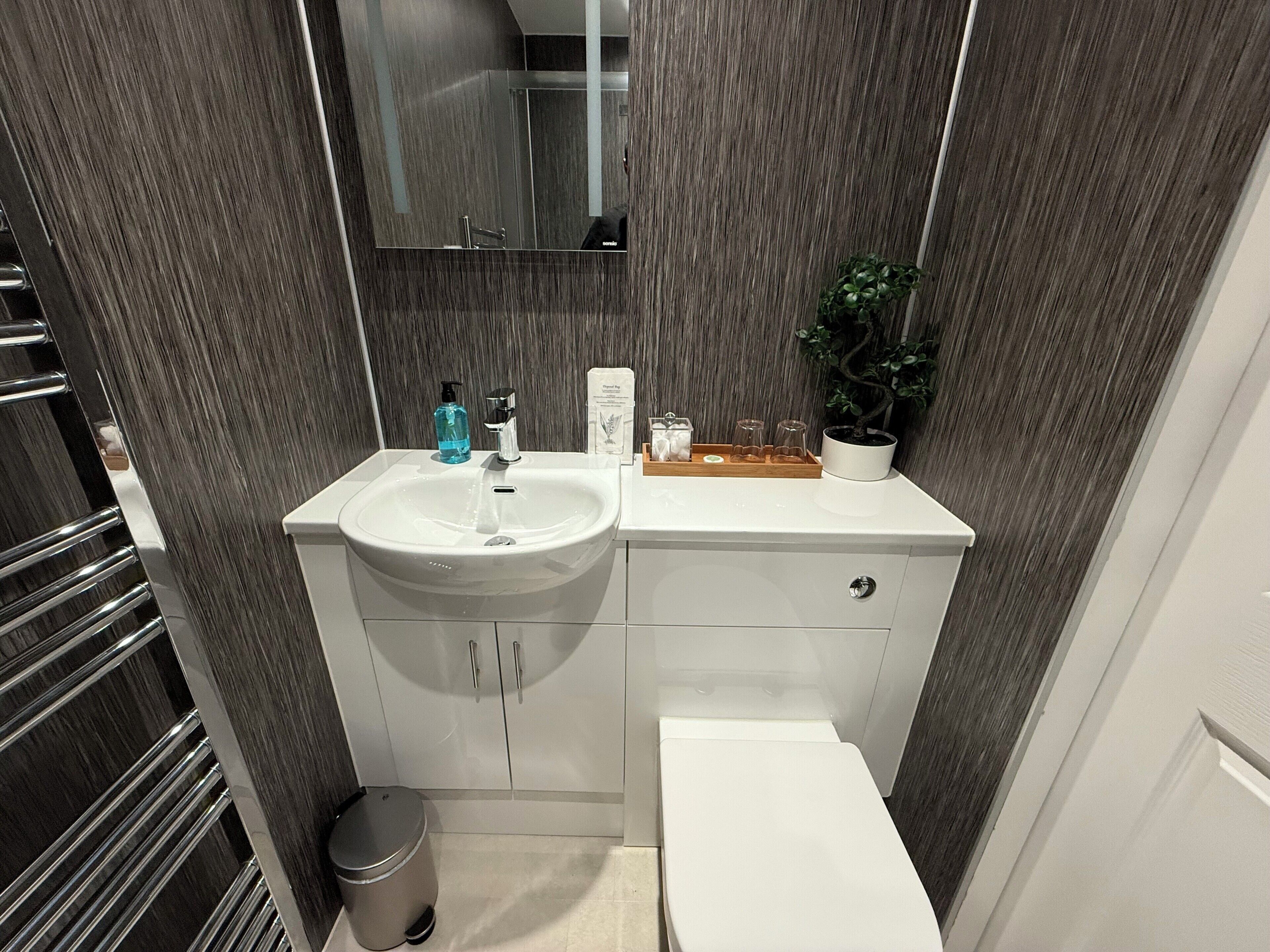 A bathroom with a white sink, mirror, and toilet, a small trash bin, and a potted plant.