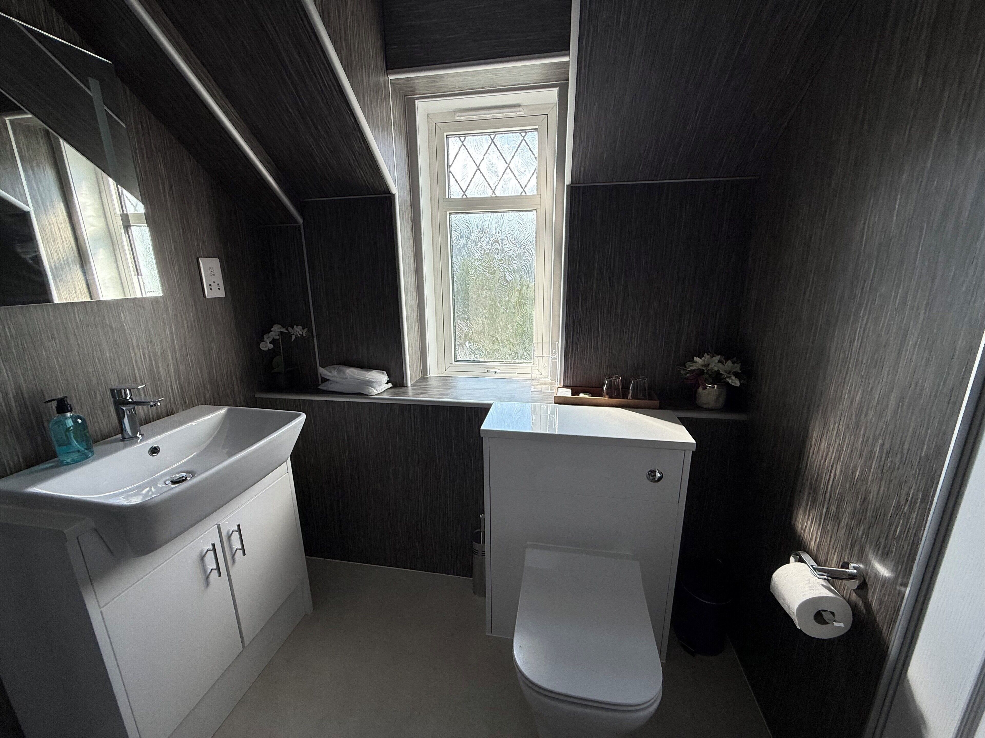 A bathroom with a white sink, a toilet, a window, and a mirror.