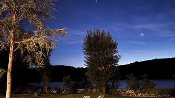 Escena nocturna al aire libre bajo un cielo despejado, con una luna llena y un lago al fondo.