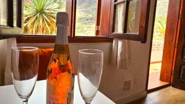 Eine Flasche Vega Verde Wein und zwei Gläser auf einem Tisch vor einem Fenster mit Blick auf Hügel und Pflanzen.