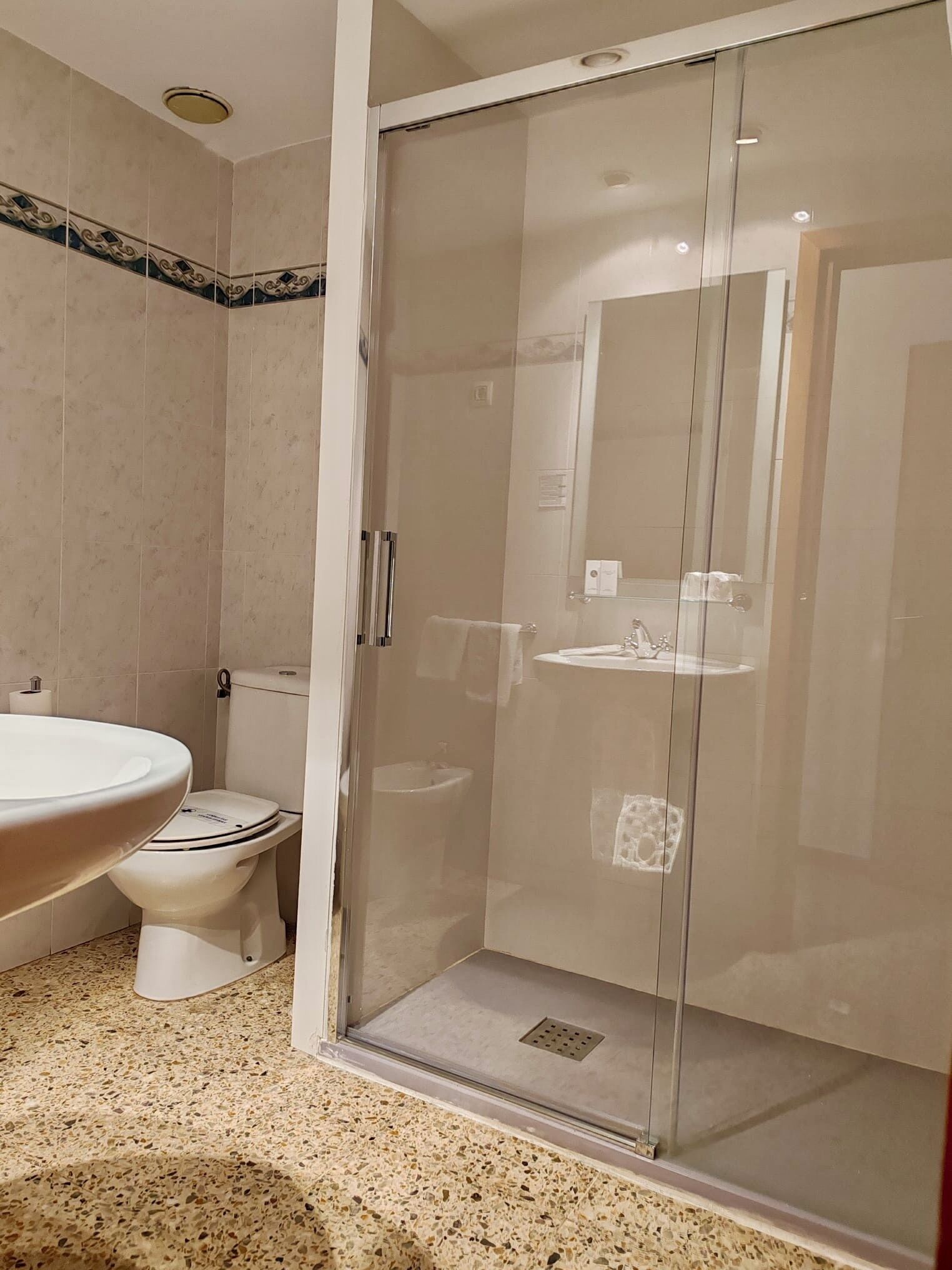 A bathroom with a glass-enclosed shower, a toilet, and a sink.