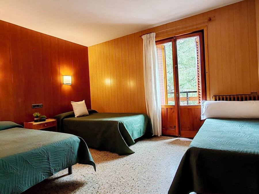 Una habitación con paredes de madera, dos camas con ropa de cama verde, una mesita con una lámpara y una ventana con cortinas.