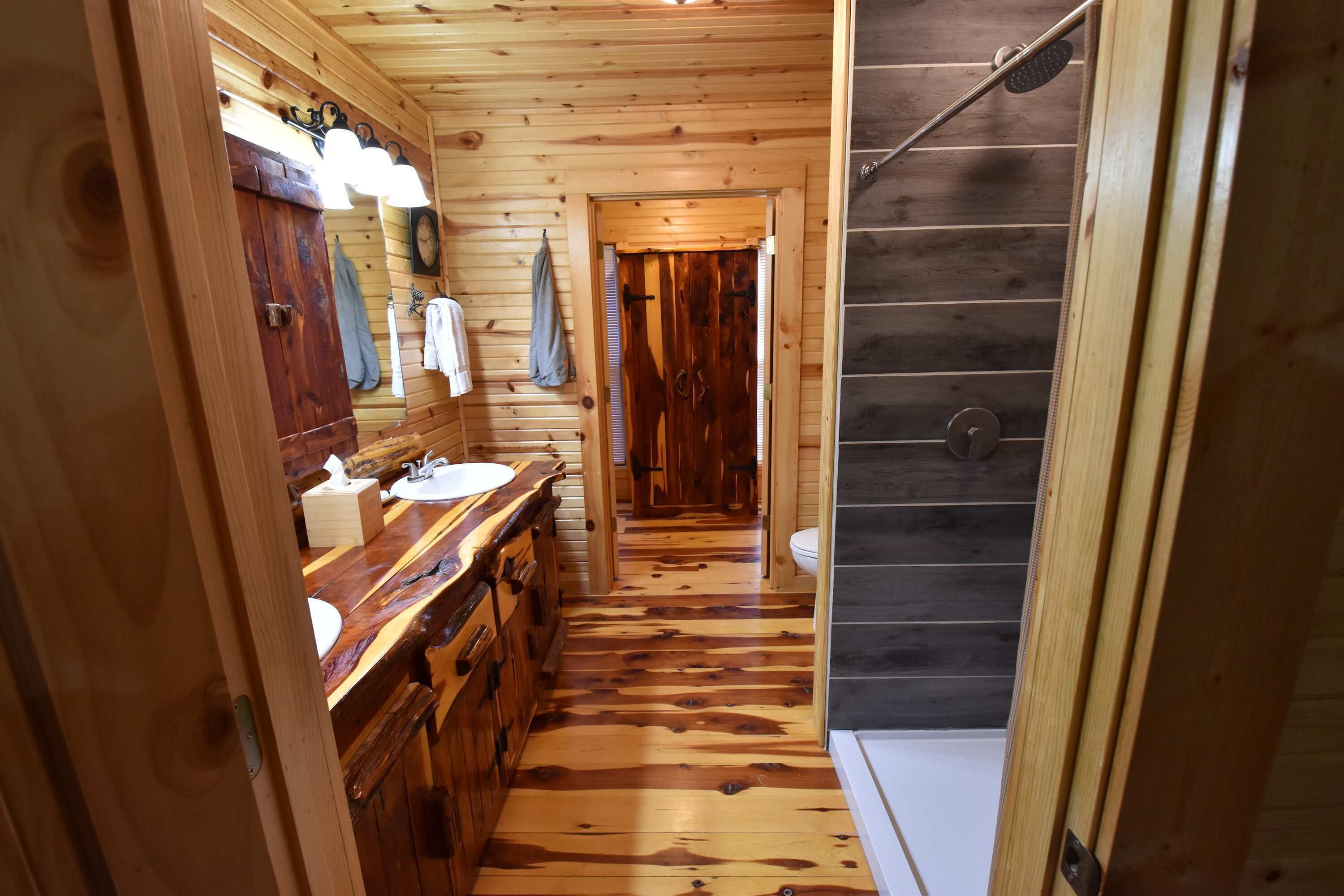 Shower, hair dryer, towels, shampoo