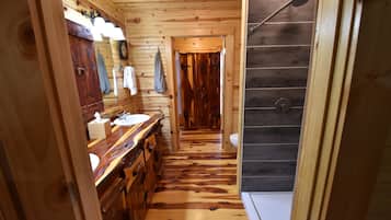 Shower, hair dryer, towels, shampoo