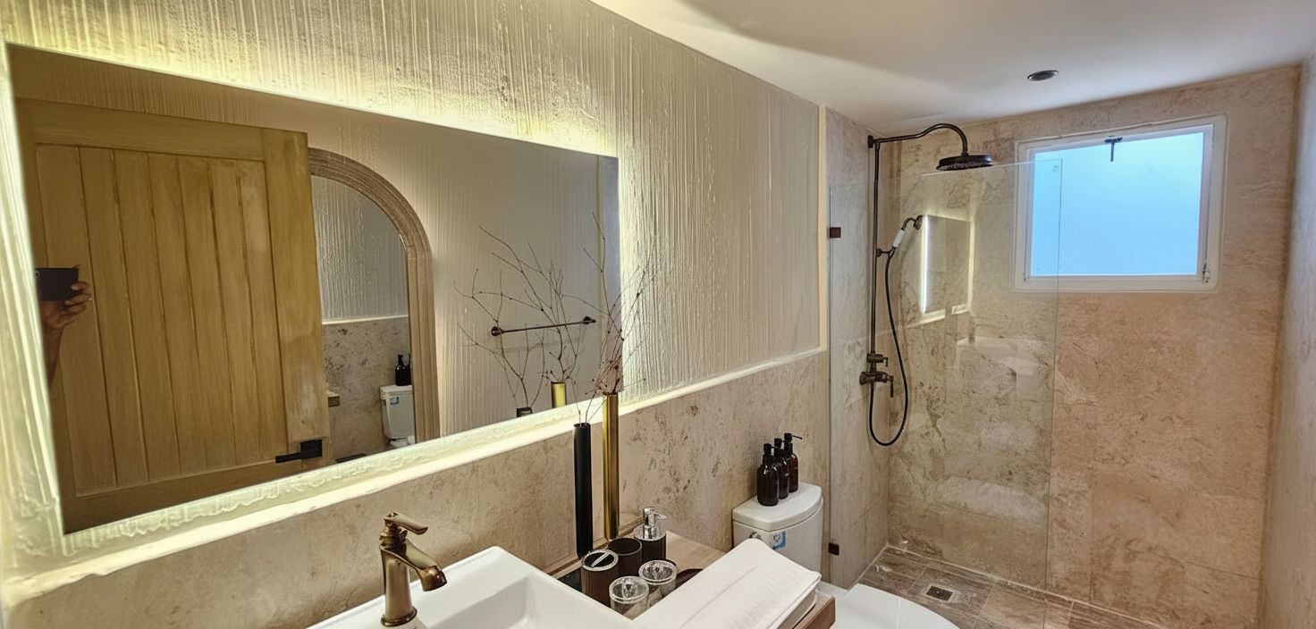 Une salle de bain avec un grand miroir, une douche et des toilettes.