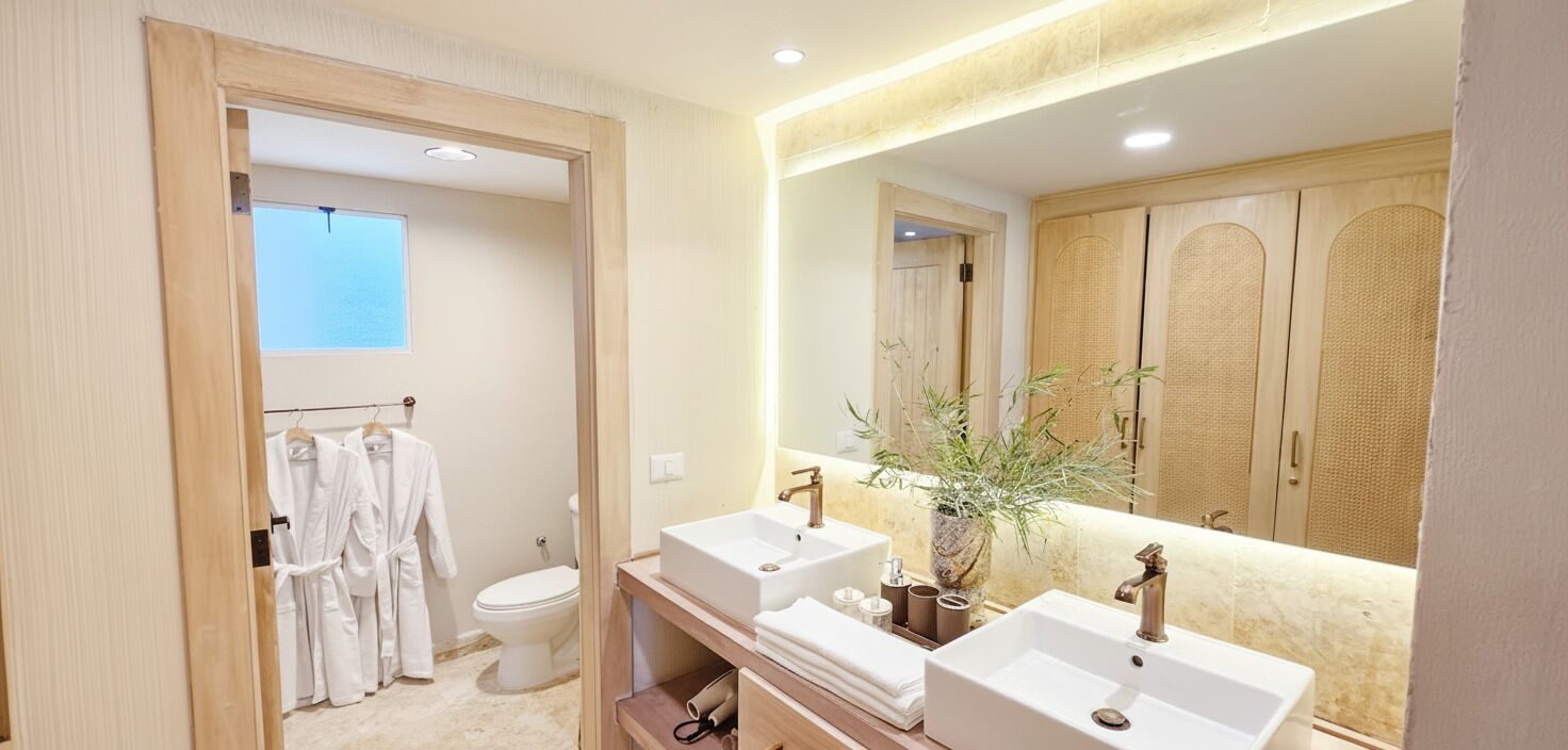 A bathroom with two sinks, a toilet, and a mirror reflecting a wardrobe.
