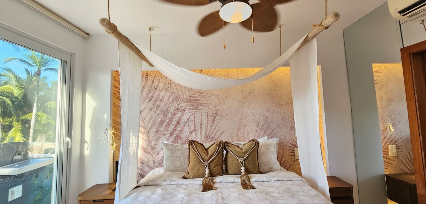 A bedroom with a canopy bed, a view of palm trees, and a ceiling fan.