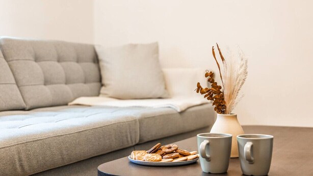 A grey sofa with a cushion, a vase with dried plants, and a plate of cookies on a table. - Central & Seaside: Comfort (Great Yarmouth)