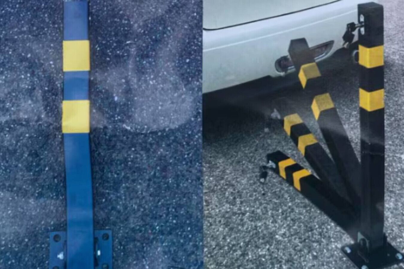 Une barrière à rayures bleues et jaunes et une barrière à rayures noires et jaunes.