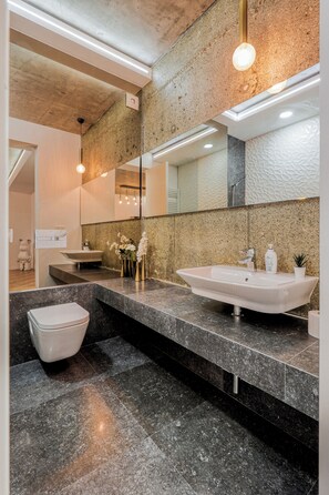 Secadora de cabello, toallas, jabón, papel de baño 
