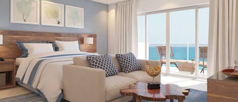 Une chambre d’hôtel moderne avec un grand lit, un canapé, une table basse en bois et une vue sur la mer grâce à de grandes fenêtres.